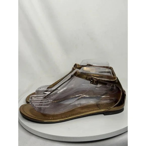 Tory Burch Metallic Leather T Strap Thong Sandals US 7.5 Gold Logo Flats - Picture 3 of 9
